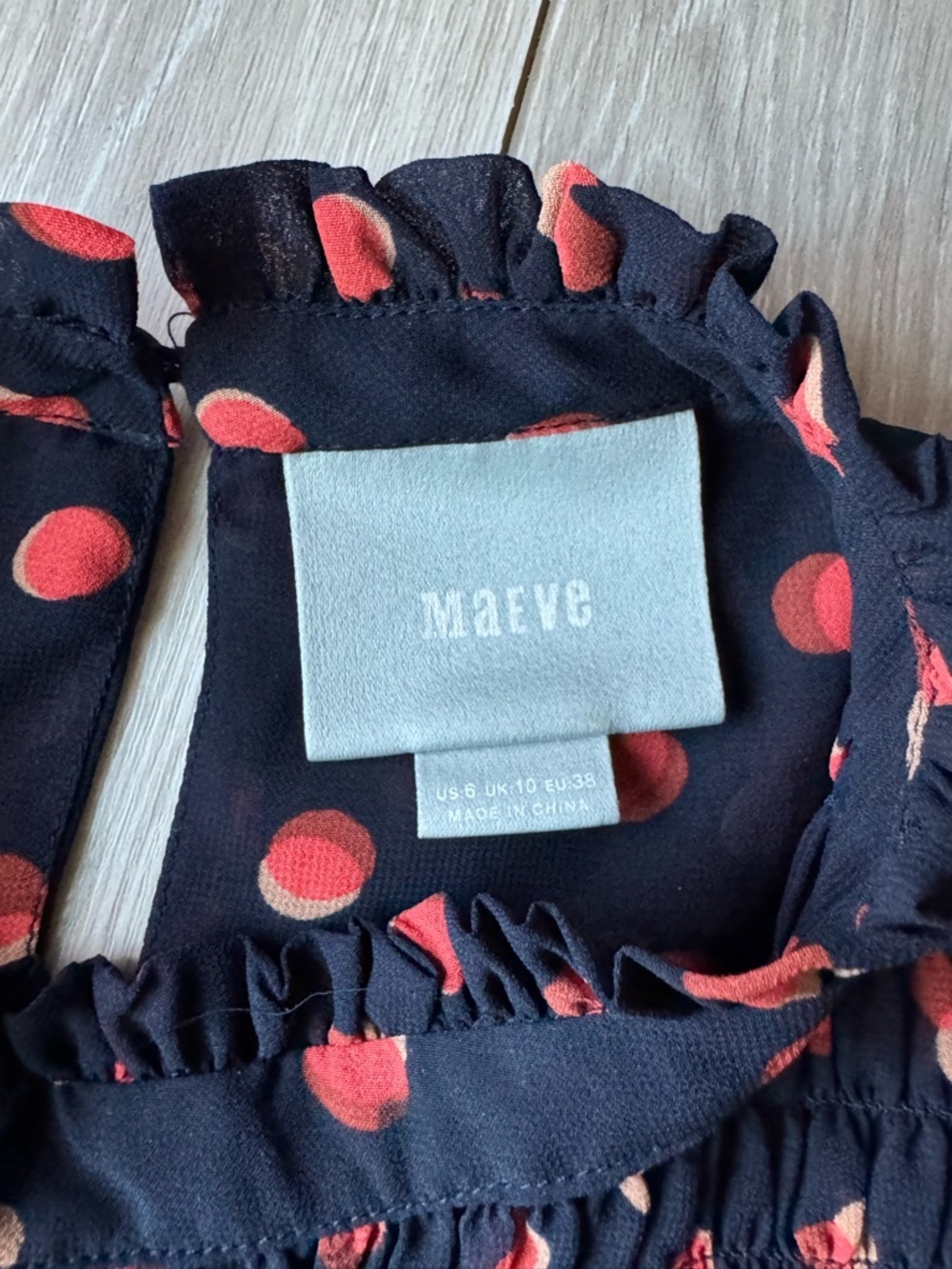 Maeve Navy Top with Coral Red Polka Dots - Picture 2 of 3